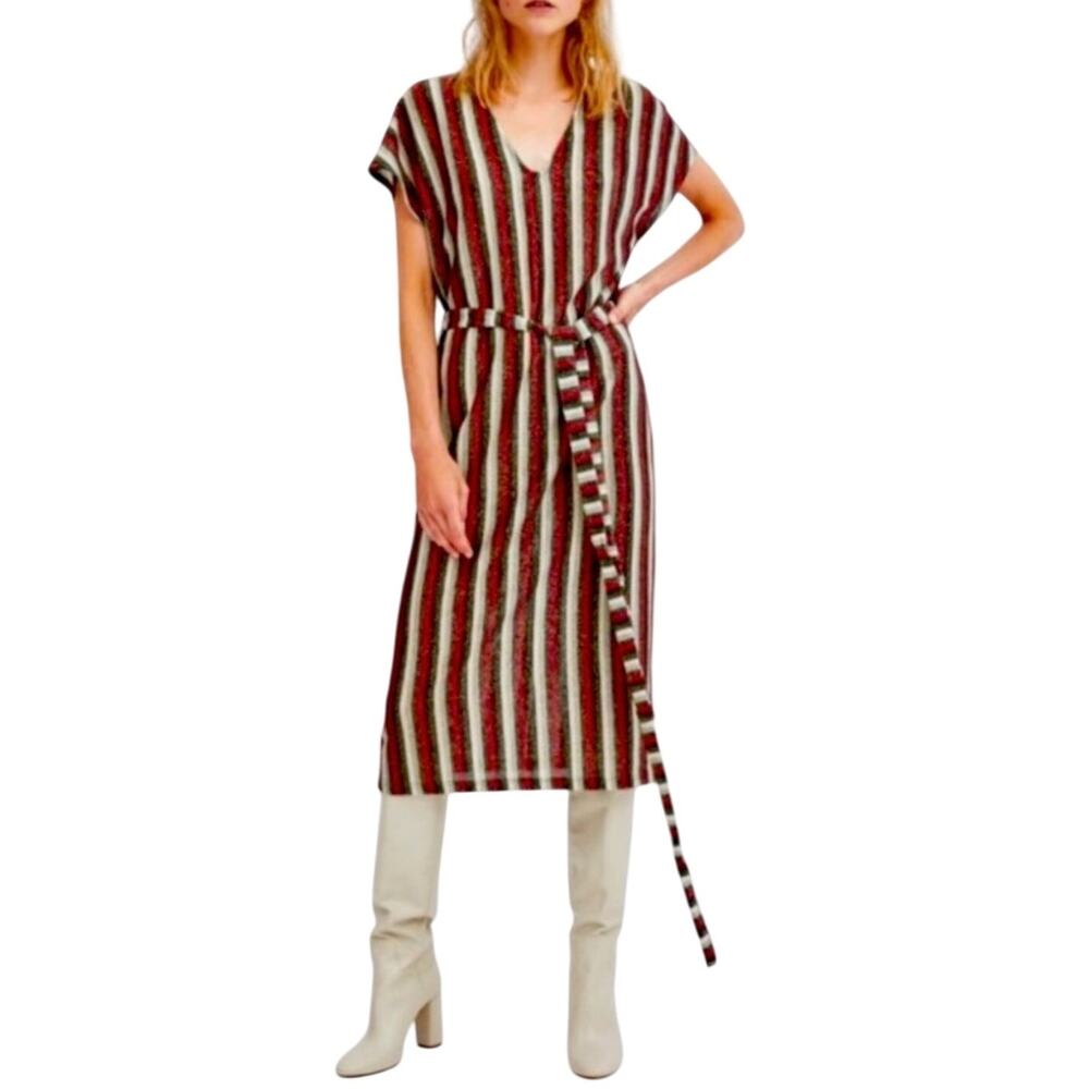 Zara Metallic Midi Dress M | Boho Luxe Festival Western Chic Belted V Neck